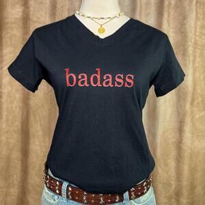 Vintage Y2K Badass V Neck T-Shirt Black Short Sleeve Indie Sleaze Punk Rock